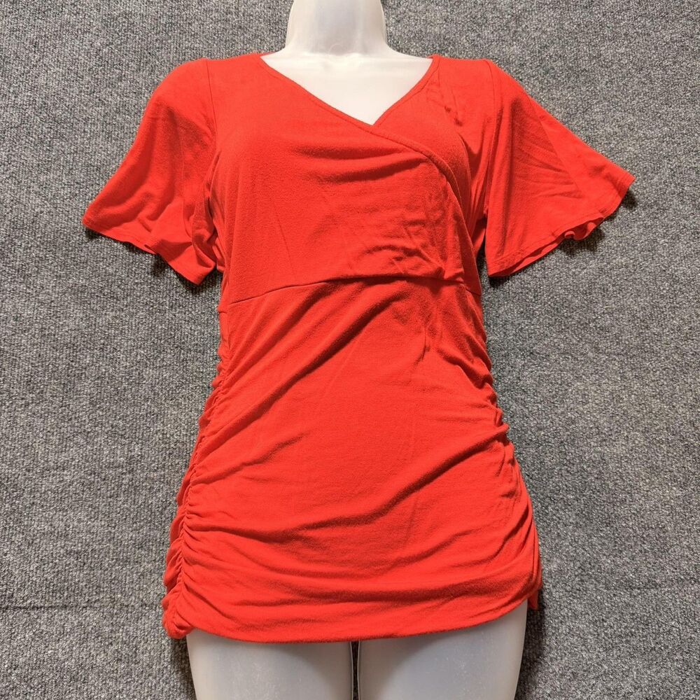 Kenar Blouse Womens Medium Red V Neck Ruched Flutter Sleeve Tunic Top Stretch